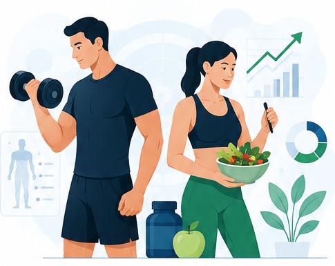 Illustratie van training, voeding en vooruitgang